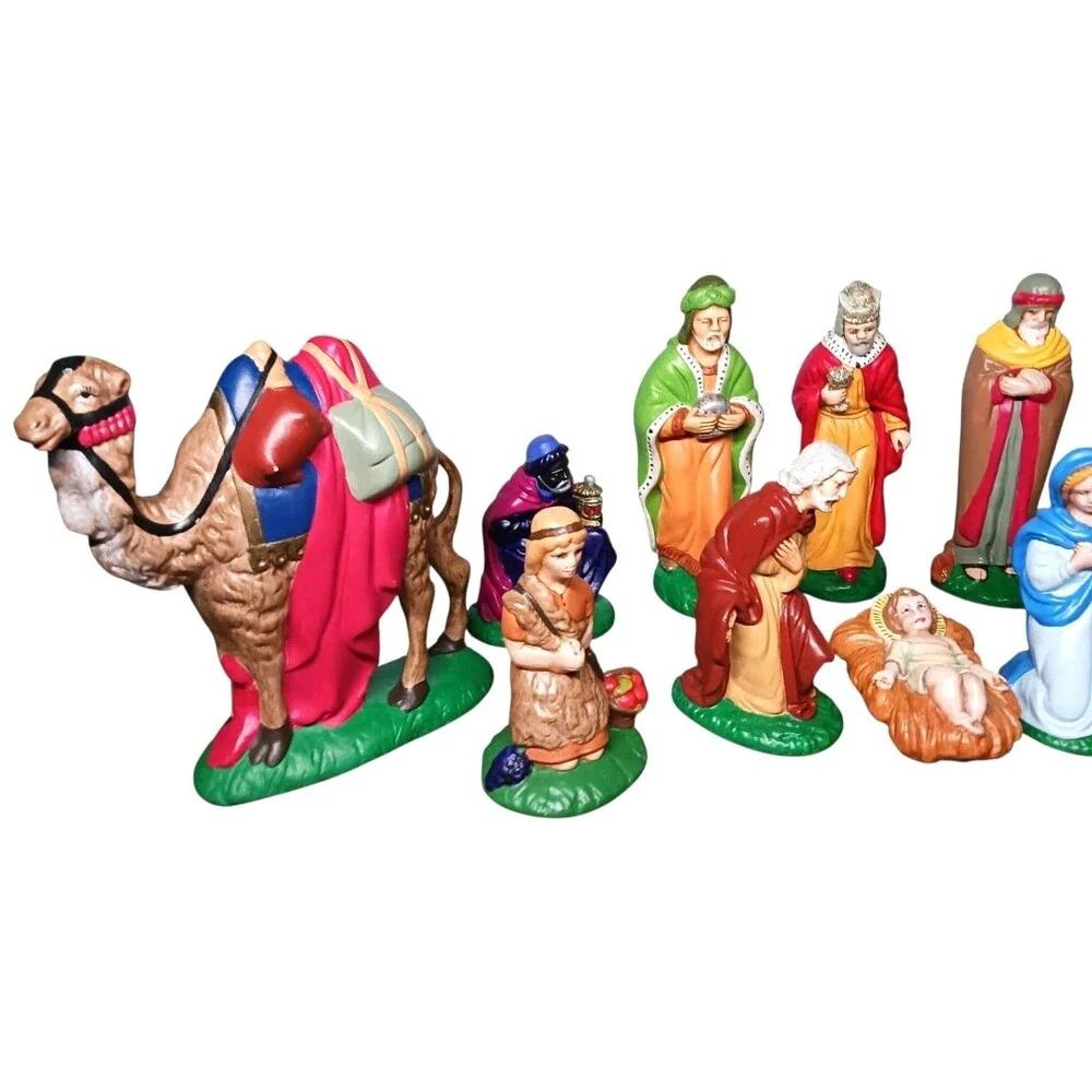 Vintage Nativity Set 18 Piece Solid Chalkware Plaster Hand Painted Manger Scene